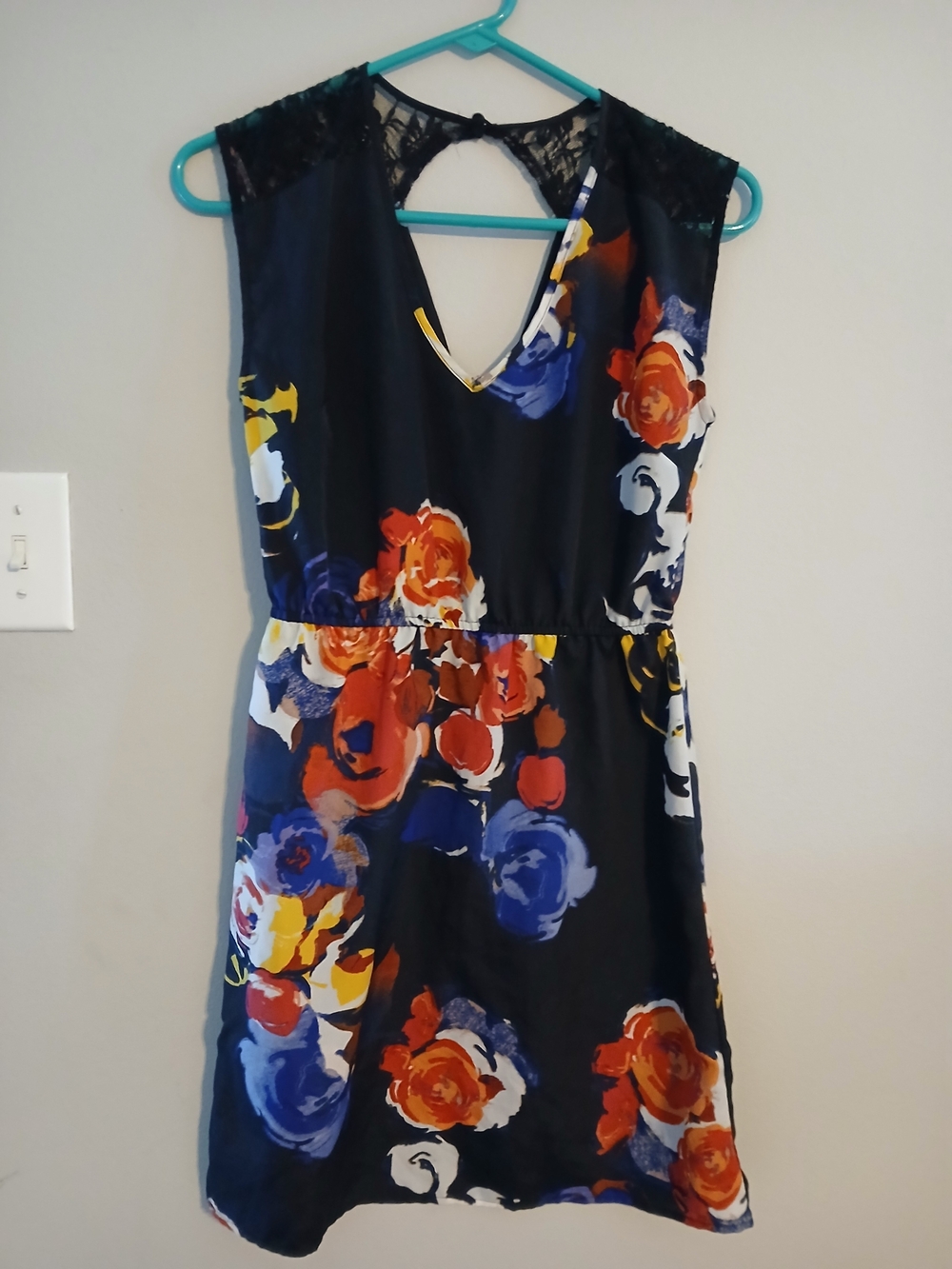 Charlotte Russe Black Floral V-Neck Mini Dress with Orange & Blue Print